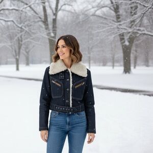 Steve Madden Dark Denim Jacket Plush Lapel Zip Sleeves Size M Timeless Mob Wife